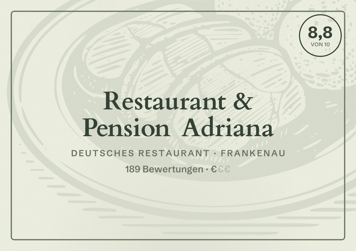 Illustriertes Poster von Restaurant & Pension Adriana, Deutsches Restaurant in Frankenau: Bewertung 8,8 von 10 aus 189 Bewertungen, Preisniveau €