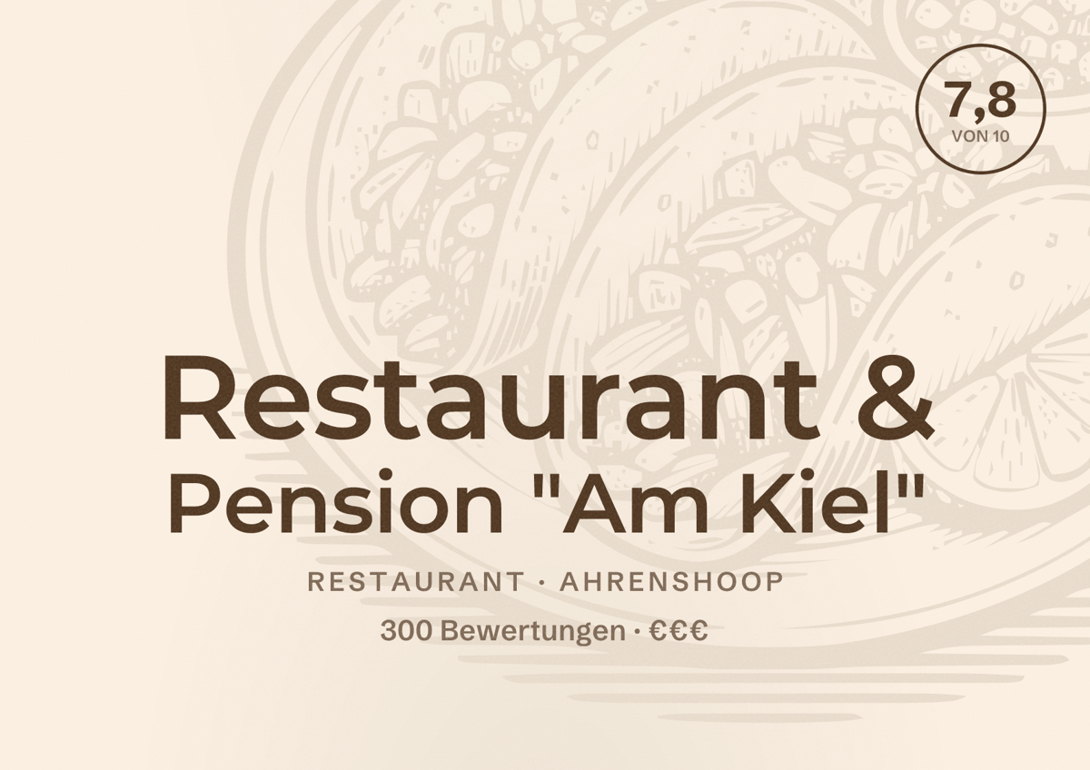 Illustriertes Poster von Restaurant & Pension "Am Kiel", Restaurant in Ahrenshoop: Bewertung 7,8 von 10 aus 300 Bewertungen, Preisniveau €€€