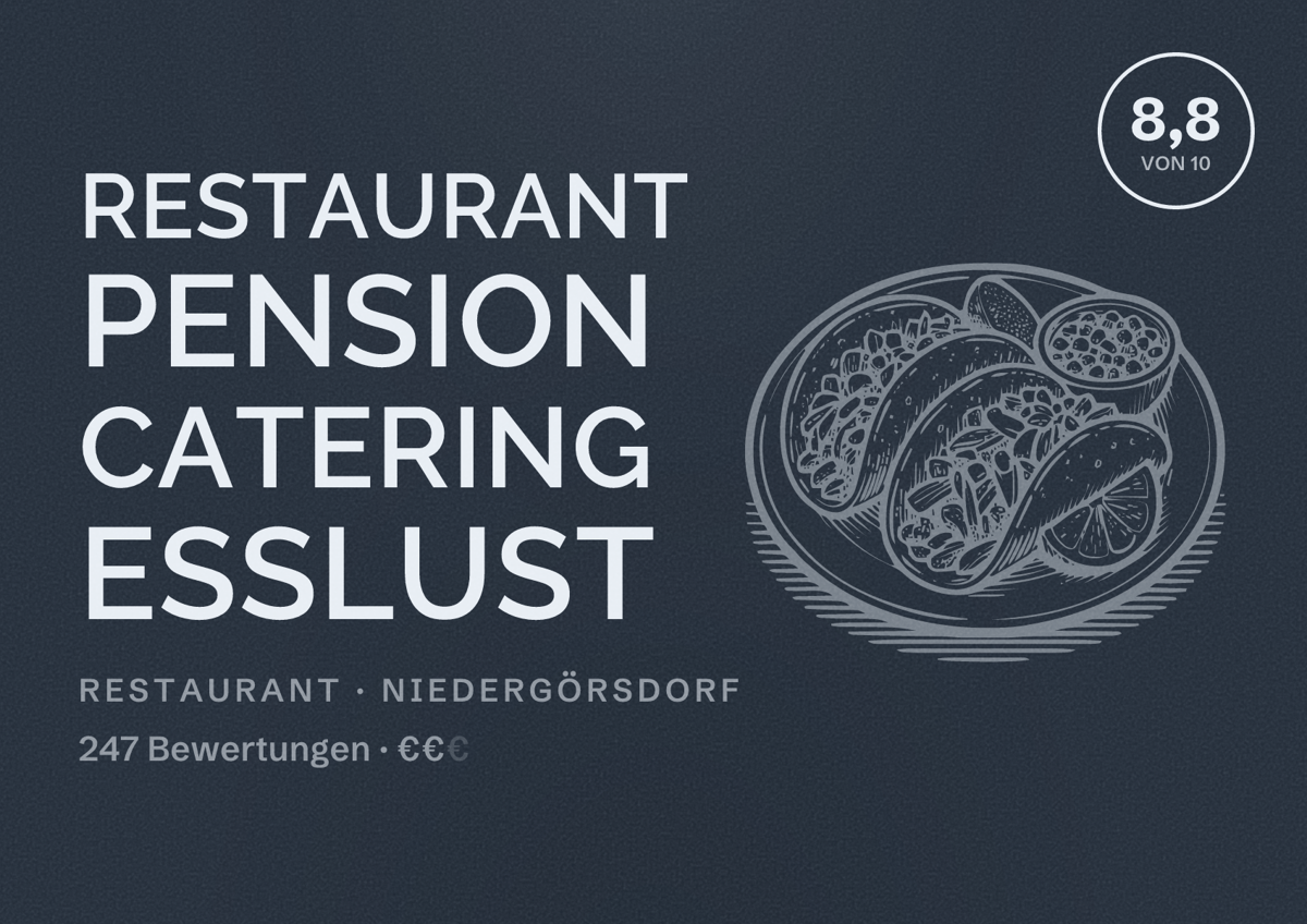 Illustriertes Poster von Restaurant Pension Catering EssLust, Restaurant in Niedergörsdorf: Bewertung 8,8 von 10 aus 247 Bewertungen, Preisniveau €€