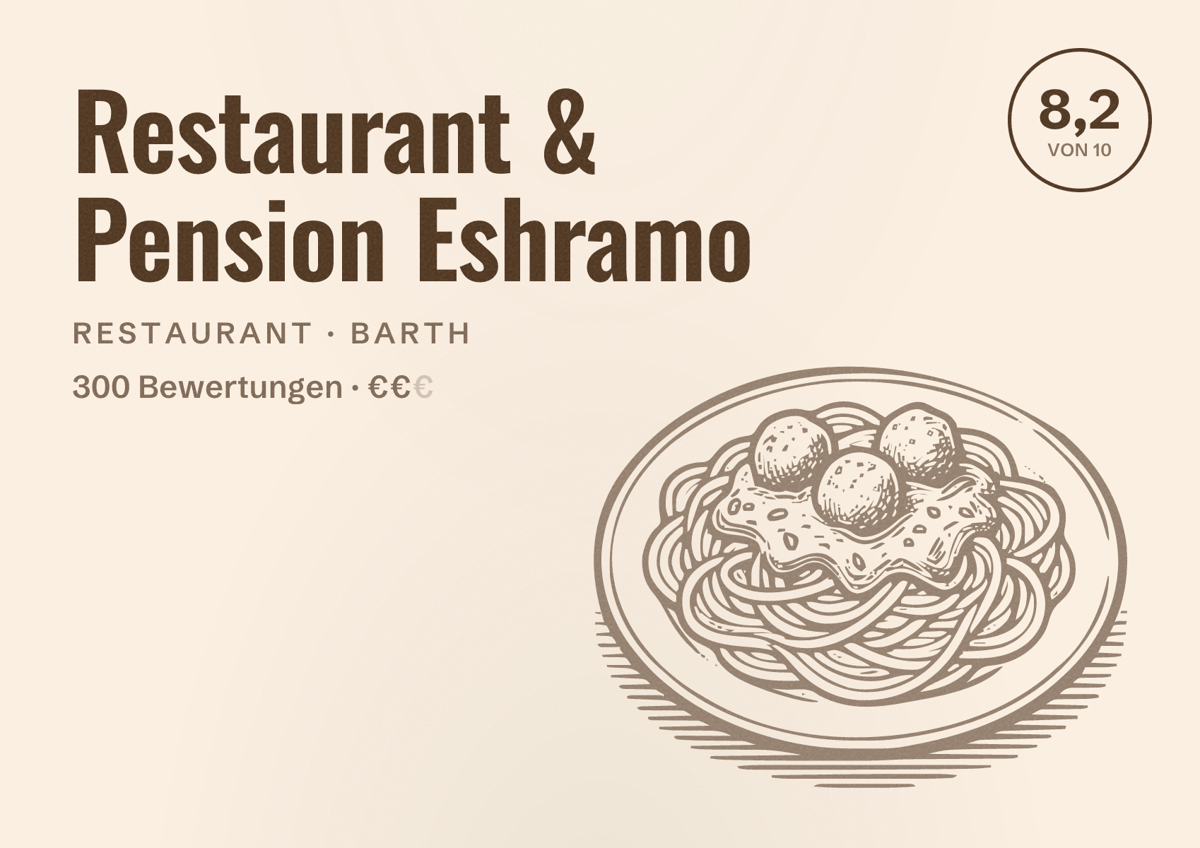 Illustriertes Poster von Restaurant & Pension Eshramo, Restaurant in Barth: Bewertung 8,2 von 10 aus 300 Bewertungen, Preisniveau €€