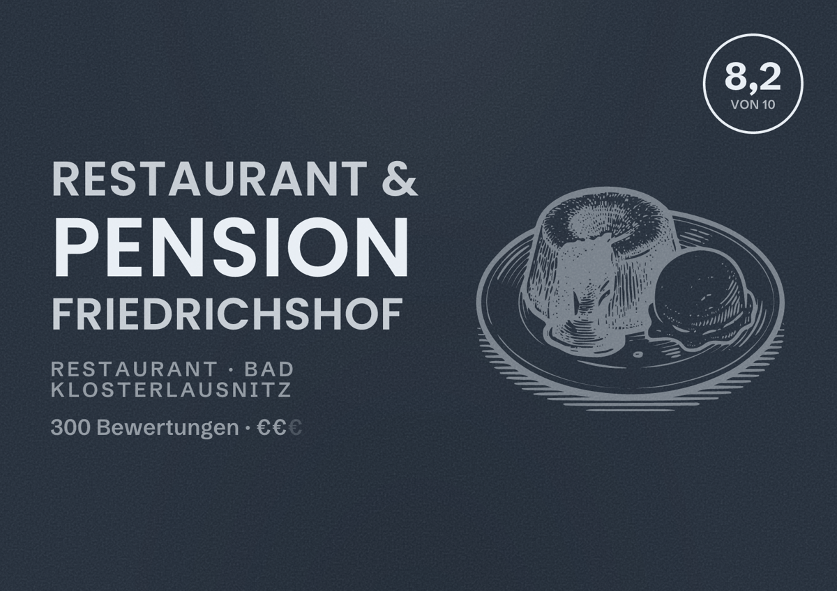 Illustriertes Poster von Restaurant & Pension Friedrichshof, Restaurant in Bad Klosterlausnitz: Bewertung 8,2 von 10 aus 300 Bewertungen, Preisniveau €€