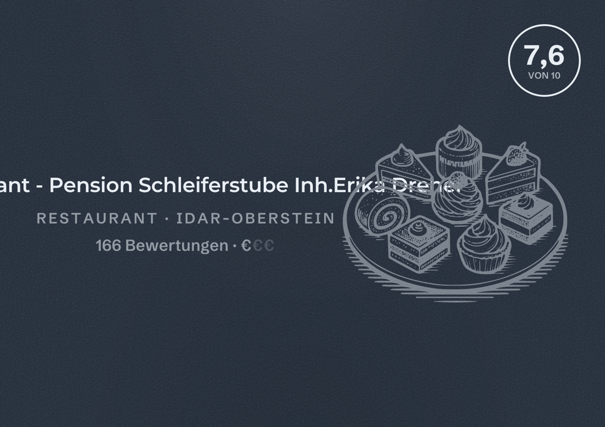 Illustriertes Poster von Restaurant - Pension Schleiferstube Inh.Erika Dreher, Restaurant in Idar-Oberstein: Bewertung 7,6 von 10 aus 166 Bewertungen, Preisniveau €