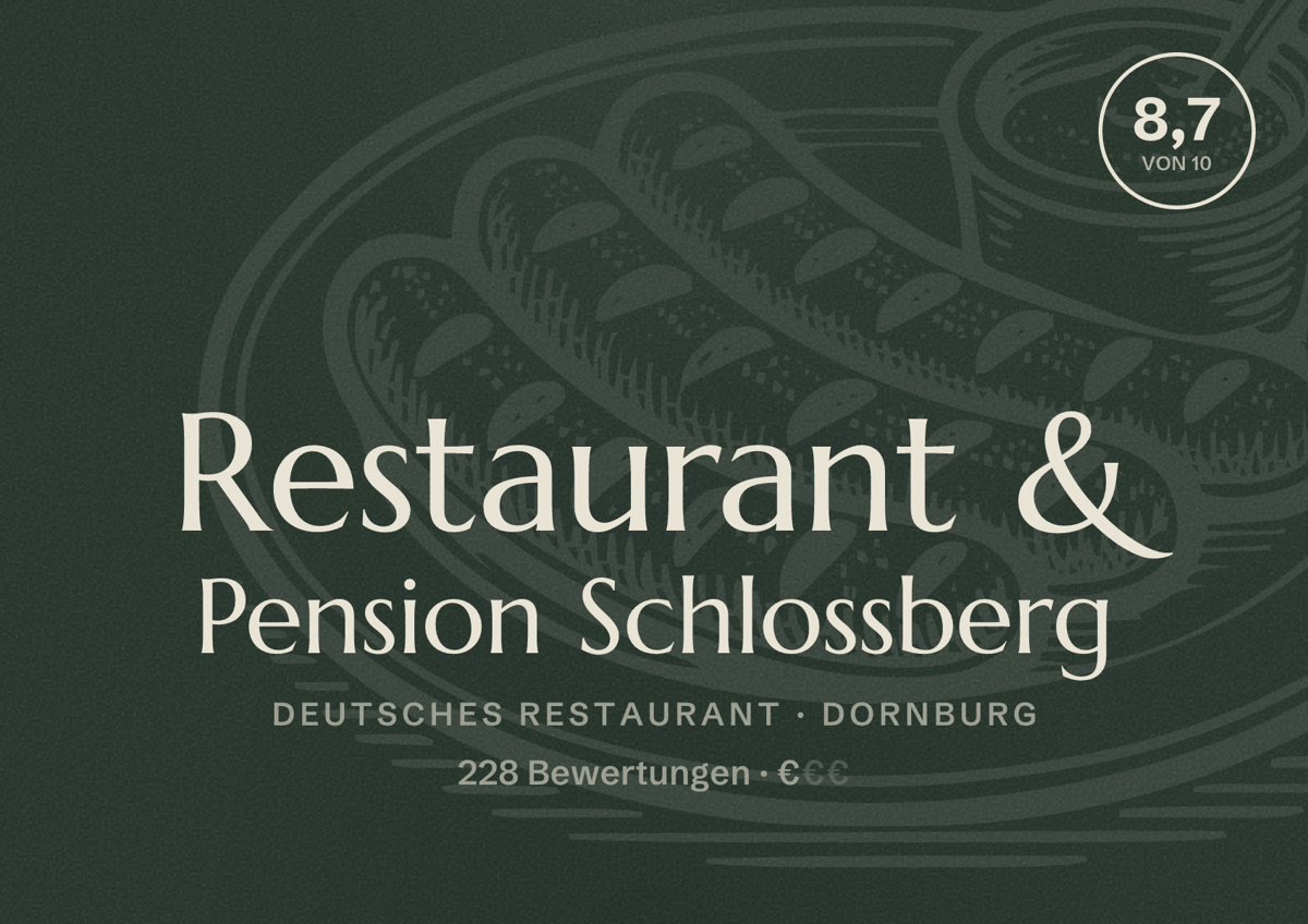 Illustriertes Poster von Restaurant & Pension Schlossberg, Deutsches Restaurant in Dornburg: Bewertung 8,7 von 10 aus 228 Bewertungen, Preisniveau €