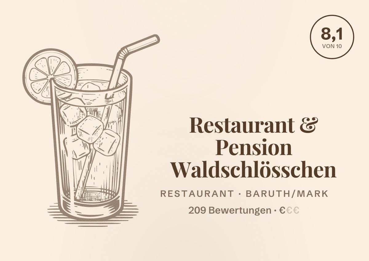 Illustriertes Poster von Restaurant & Pension Waldschlösschen, Restaurant in Baruth/Mark: Bewertung 8,1 von 10 aus 209 Bewertungen, Preisniveau €