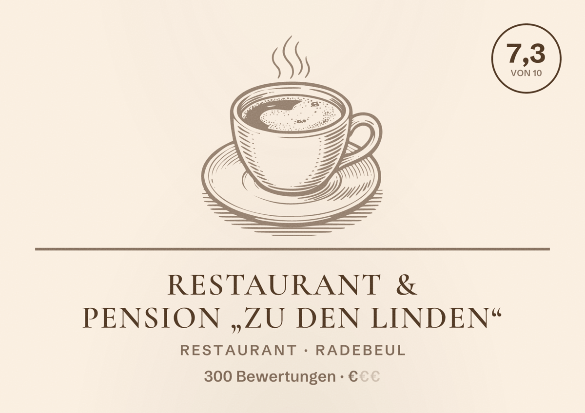Illustriertes Poster von Restaurant & Pension „Zu den Linden“, Restaurant in Radebeul: Bewertung 7,3 von 10 aus 300 Bewertungen, Preisniveau €