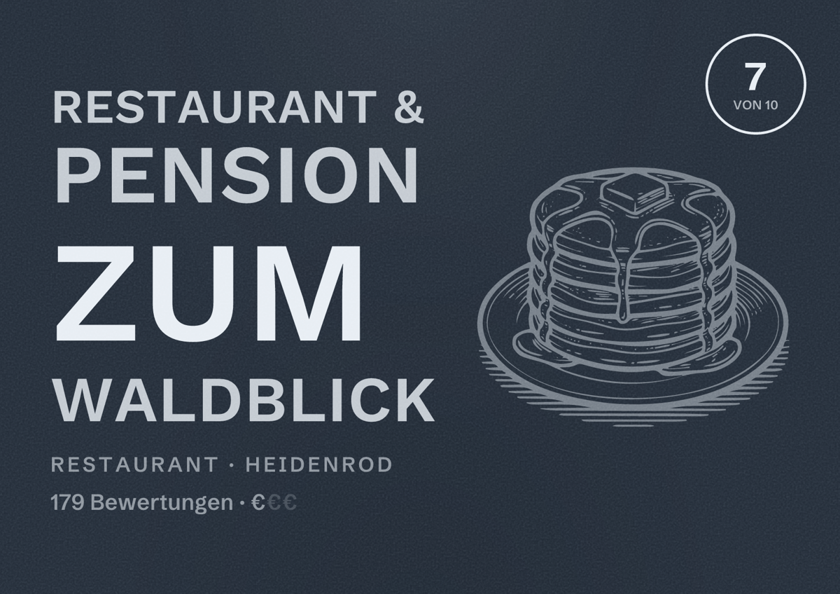 Illustriertes Poster von Restaurant & Pension zum Waldblick, Restaurant in Heidenrod: Bewertung 7 von 10 aus 179 Bewertungen, Preisniveau €