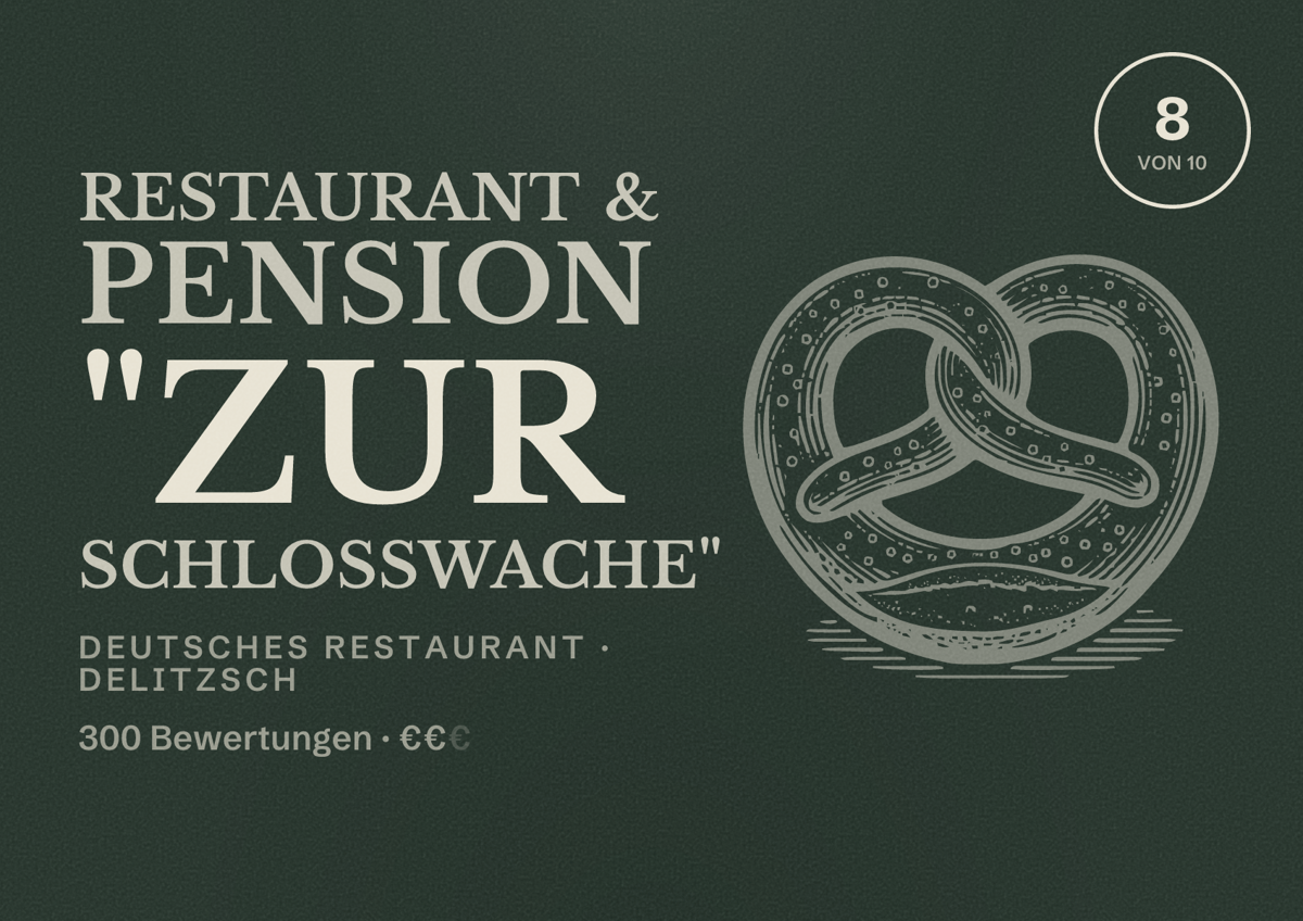 Illustriertes Poster von Restaurant & Pension "Zur Schloßwache", Deutsches Restaurant in Delitzsch: Bewertung 8 von 10 aus 300 Bewertungen, Preisniveau €€
