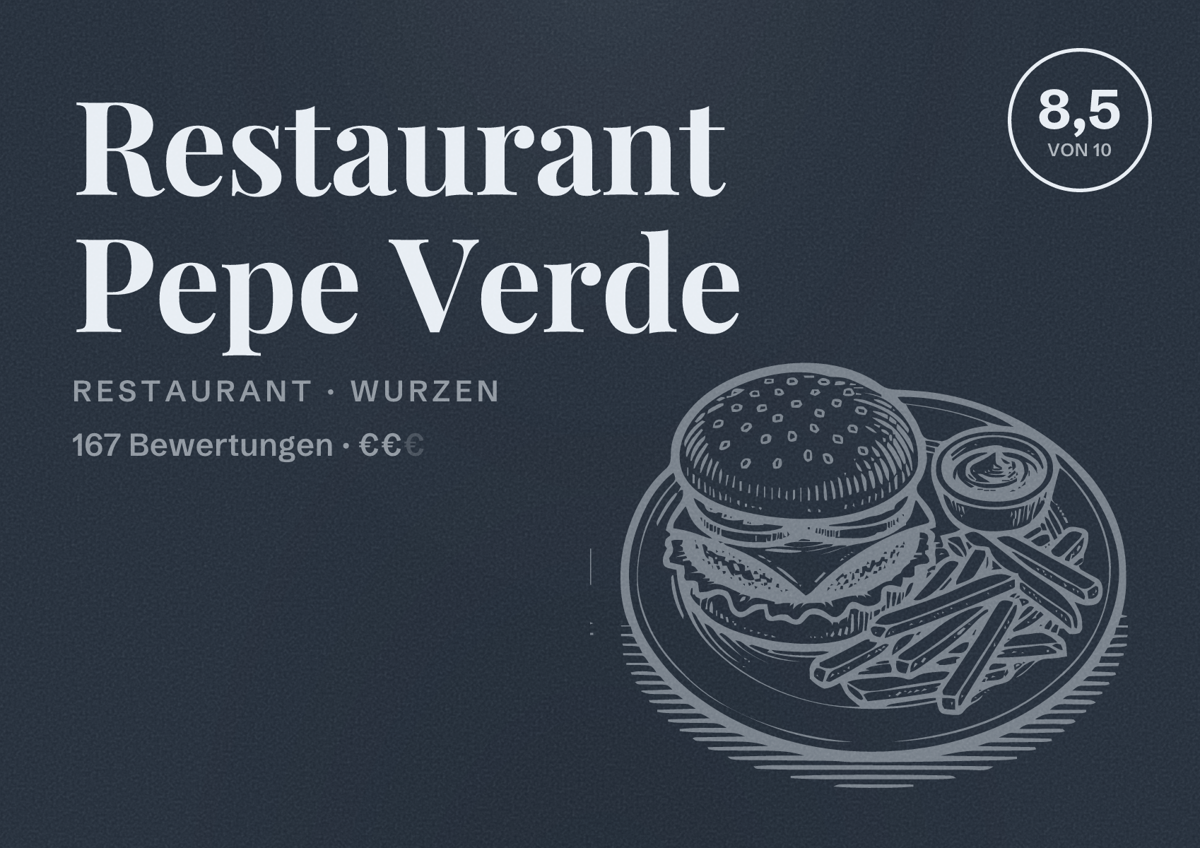 Illustriertes Poster von Restaurant Pepe Verde, Restaurant in Wurzen: Bewertung 8,5 von 10 aus 167 Bewertungen, Preisniveau €€