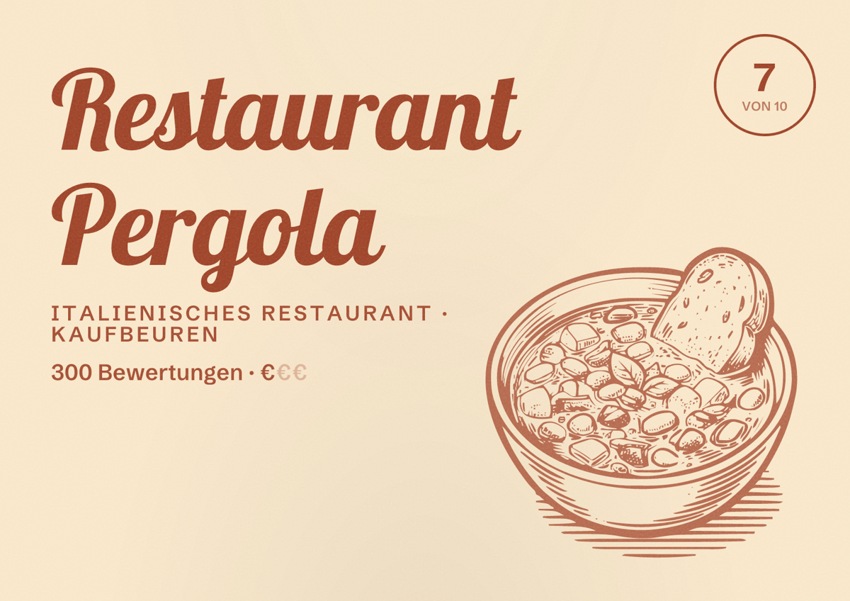 Illustriertes Poster von Restaurant Pergola, Italienisches Restaurant in Kaufbeuren: Bewertung 7 von 10 aus 300 Bewertungen, Preisniveau €