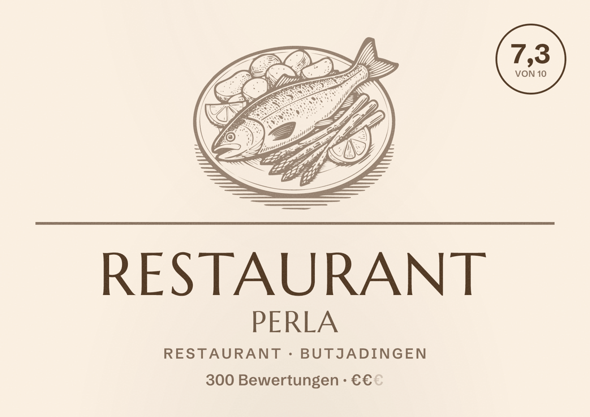 Illustriertes Poster von Restaurant Perla, Restaurant in Butjadingen: Bewertung 7,3 von 10 aus 300 Bewertungen, Preisniveau €€