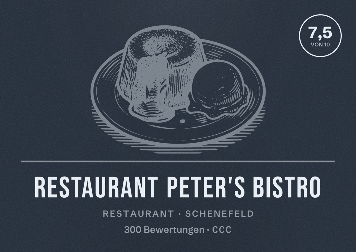 Illustriertes Poster von Restaurant Peter's Bistro, Restaurant in Schenefeld: Bewertung 7,5 von 10 aus 300 Bewertungen, Preisniveau €€€