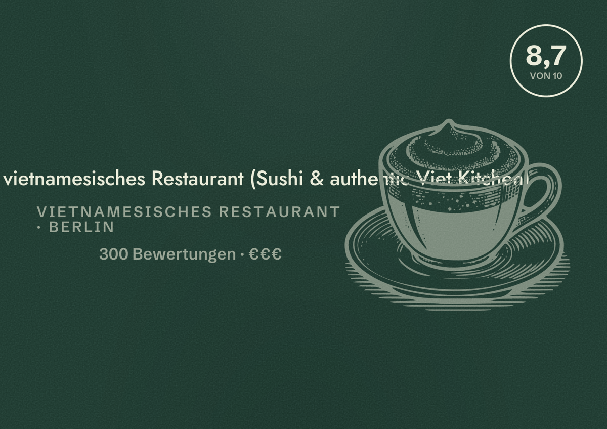 Illustriertes Poster von Restaurant Petit - vietnamesisches Restaurant (Sushi & authentic Viet Kitchen), Vietnamesisches Restaurant in Berlin: Bewertung 8,7 von 10 aus 300 Bewertungen, Preisniveau €€€