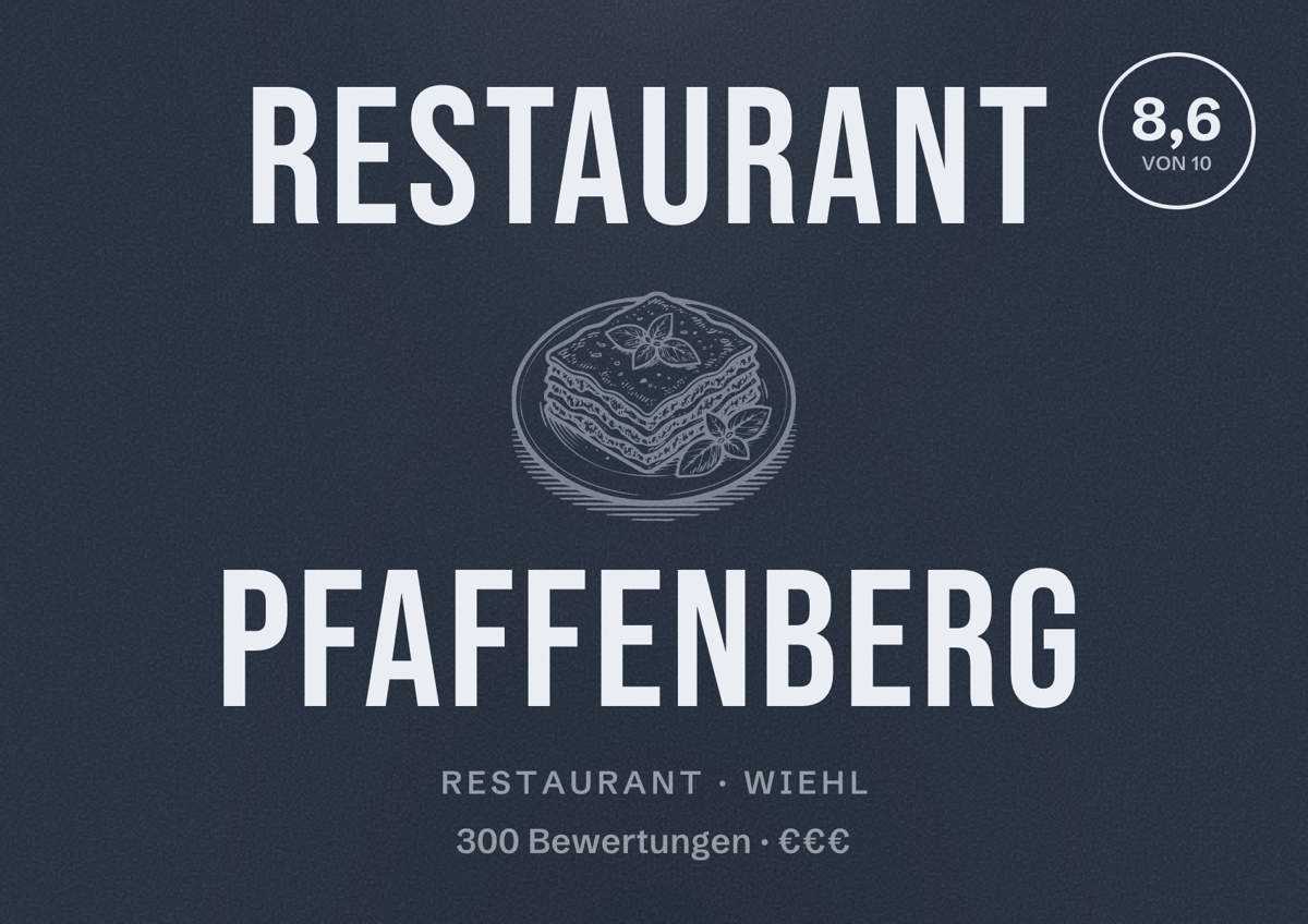 Illustriertes Poster von Restaurant Pfaffenberg, Restaurant in Wiehl: Bewertung 8,6 von 10 aus 300 Bewertungen, Preisniveau €€€