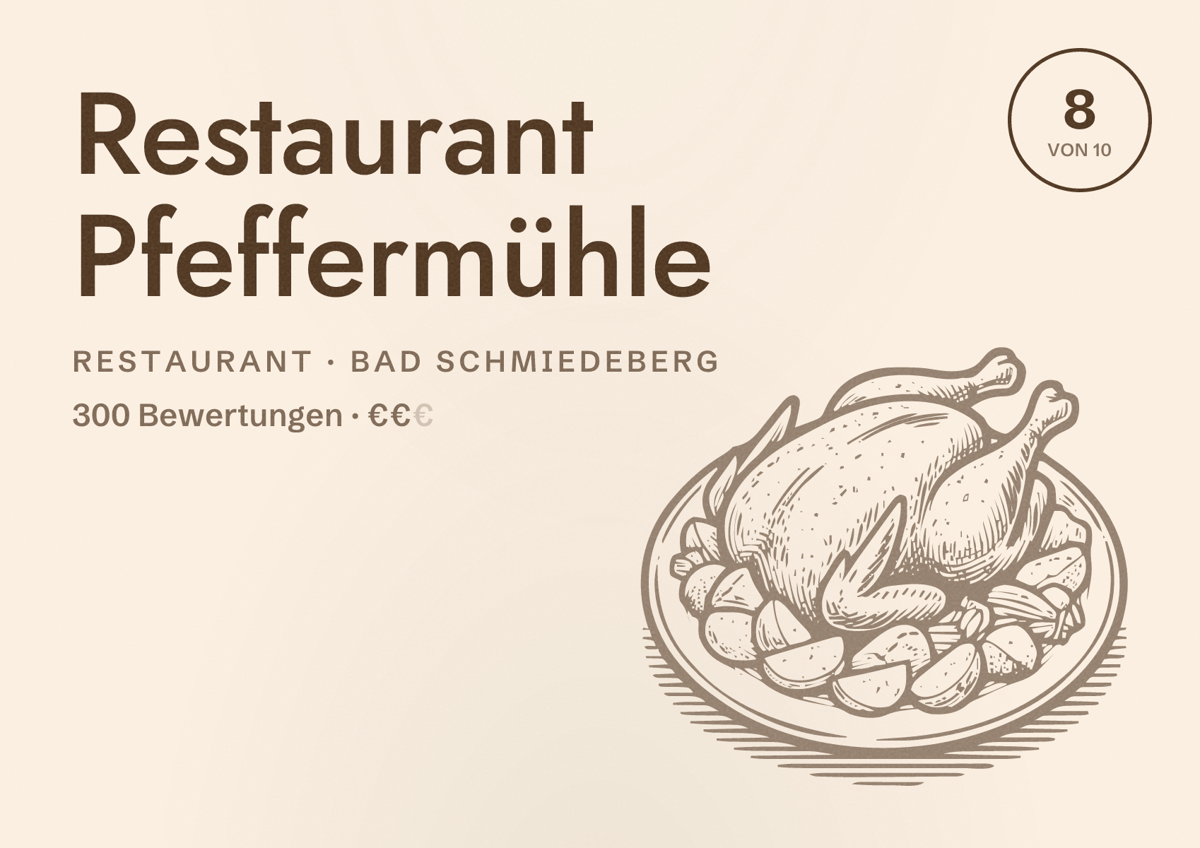 Illustriertes Poster von Restaurant Pfeffermühle, Restaurant in Bad Schmiedeberg: Bewertung 8 von 10 aus 300 Bewertungen, Preisniveau €€