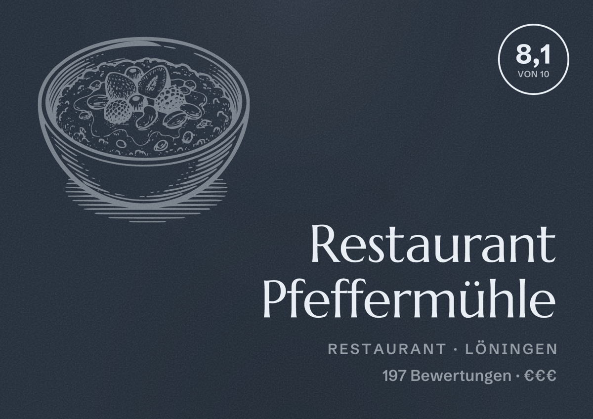 Illustriertes Poster von Restaurant Pfeffermühle, Restaurant in Löningen: Bewertung 8,1 von 10 aus 197 Bewertungen, Preisniveau €€€