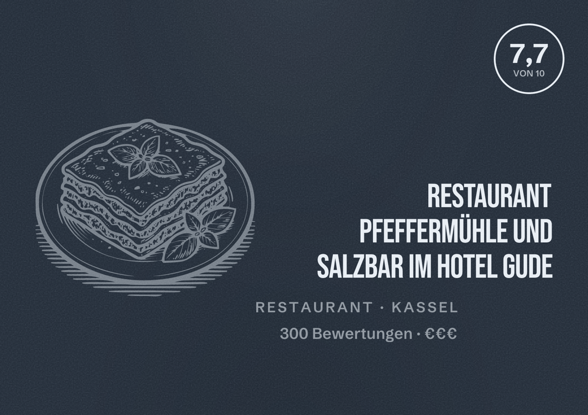 Illustriertes Poster von Restaurant Pfeffermühle und Salzbar im Hotel Gude, Restaurant in Kassel: Bewertung 7,7 von 10 aus 300 Bewertungen, Preisniveau €€€