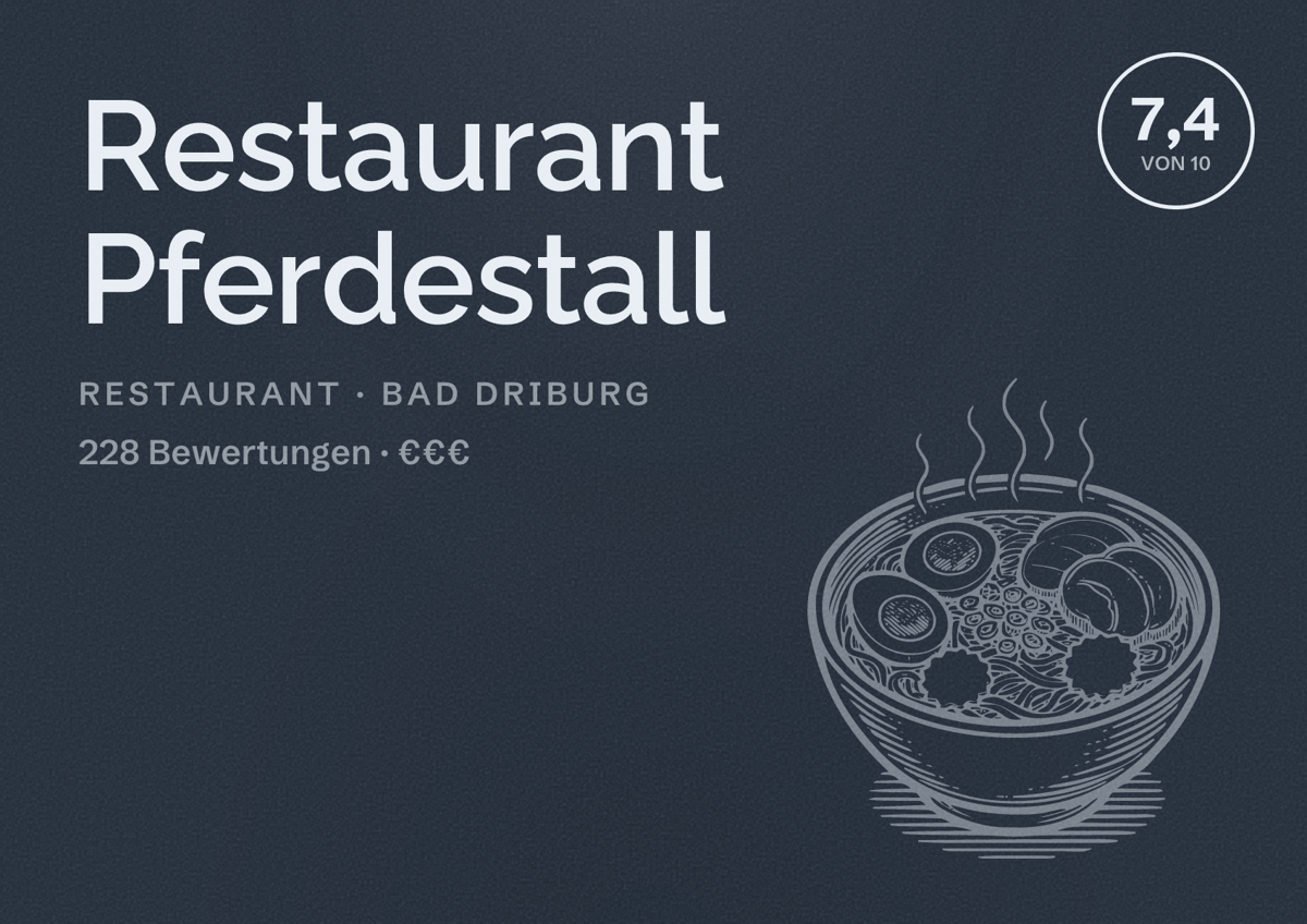 Illustriertes Poster von Restaurant Pferdestall, Restaurant in Bad Driburg: Bewertung 7,4 von 10 aus 228 Bewertungen, Preisniveau €€€