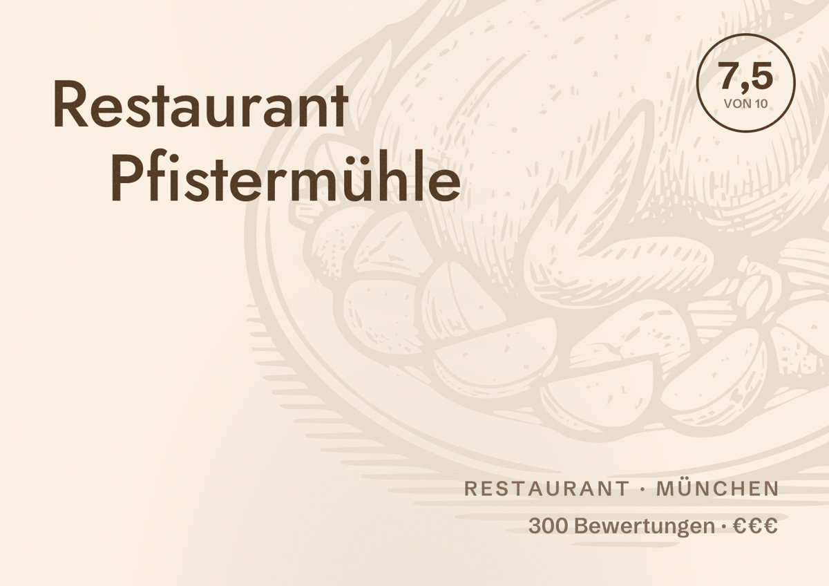 Illustriertes Poster von Restaurant Pfistermühle, Restaurant in München: Bewertung 7,5 von 10 aus 300 Bewertungen, Preisniveau €€€
