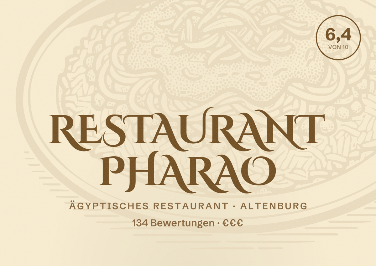 Illustriertes Poster von Restaurant Pharao, Ägyptisches Restaurant in Altenburg: Bewertung 6,4 von 10 aus 134 Bewertungen, Preisniveau €€€