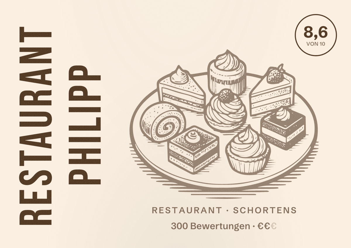 Illustriertes Poster von Restaurant Philipp, Restaurant in Schortens: Bewertung 8,6 von 10 aus 300 Bewertungen, Preisniveau €€