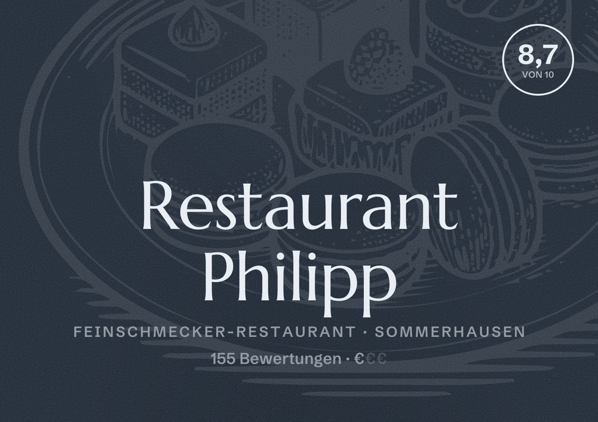Illustriertes Poster von Restaurant Philipp, Feinschmecker-Restaurant in Sommerhausen: Bewertung 8,7 von 10 aus 155 Bewertungen, Preisniveau €