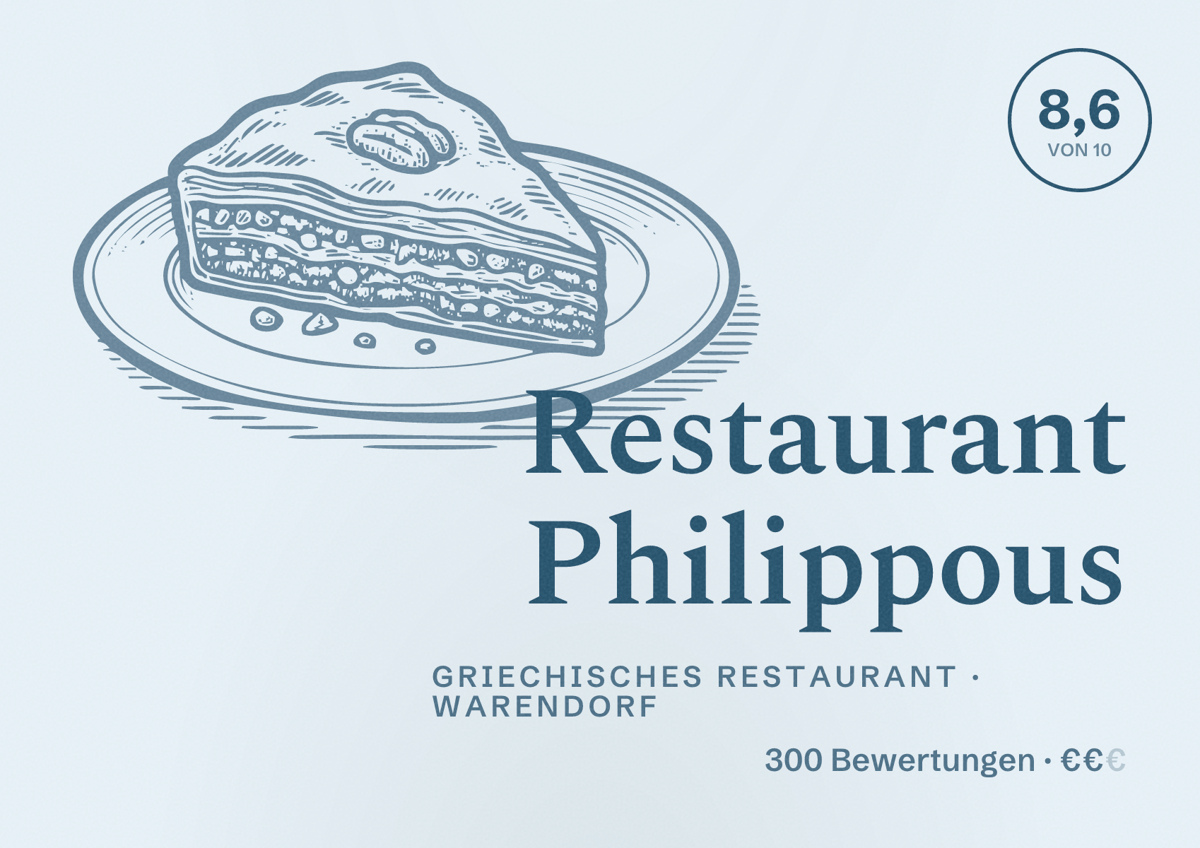Illustriertes Poster von Restaurant Philippous, Griechisches Restaurant in Warendorf: Bewertung 8,6 von 10 aus 300 Bewertungen, Preisniveau €€