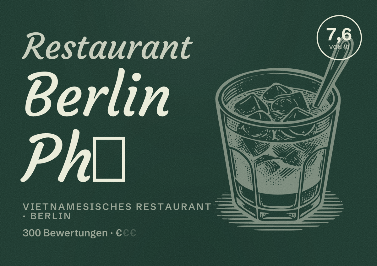 Illustriertes Poster von Restaurant Berlin Phở, Vietnamesisches Restaurant in Berlin: Bewertung 7,6 von 10 aus 300 Bewertungen, Preisniveau €
