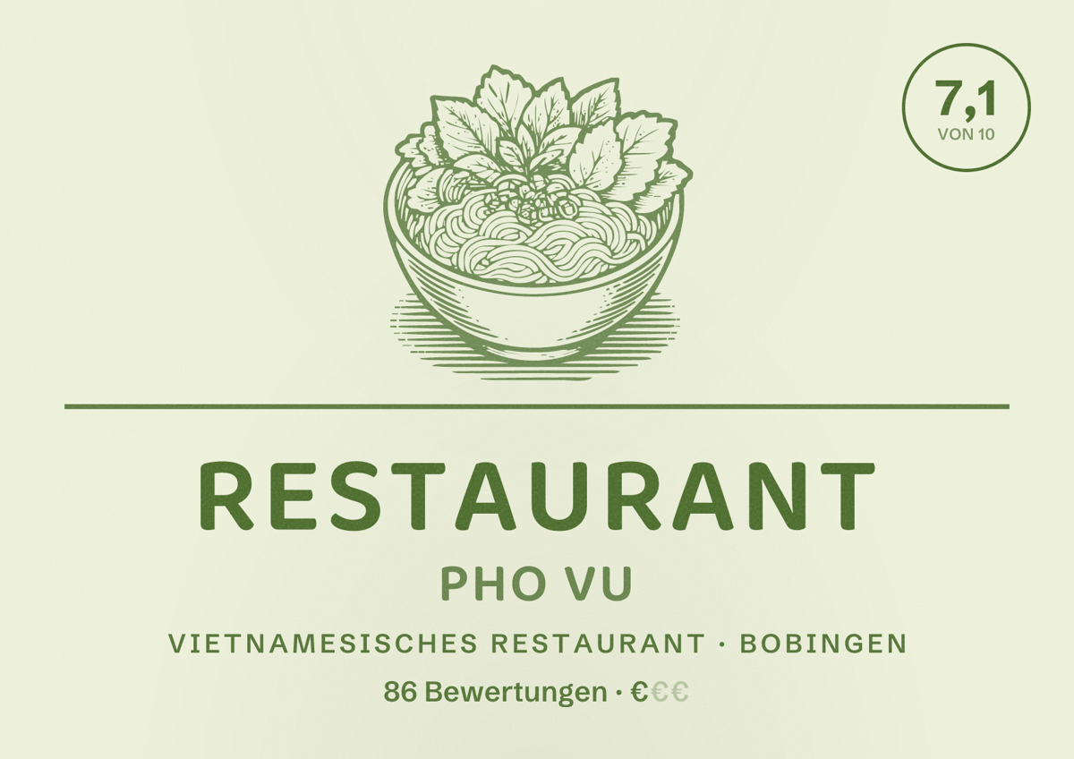 Illustriertes Poster von Restaurant Pho Vu, Vietnamesisches Restaurant in Bobingen: Bewertung 7,1 von 10 aus 86 Bewertungen, Preisniveau €