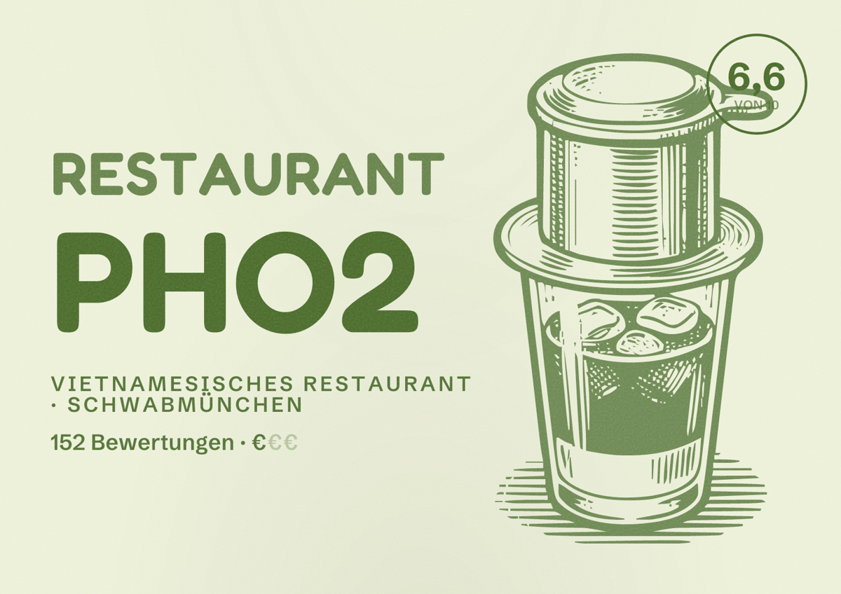 Illustriertes Poster von Restaurant Pho2, Vietnamesisches Restaurant in Schwabmünchen: Bewertung 6,6 von 10 aus 152 Bewertungen, Preisniveau €