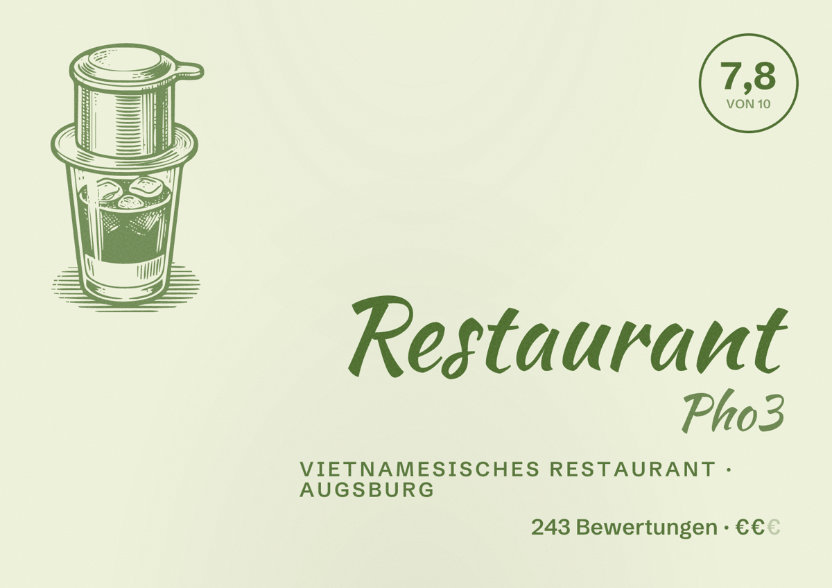 Illustriertes Poster von Restaurant Pho3, Vietnamesisches Restaurant in Augsburg: Bewertung 7,8 von 10 aus 243 Bewertungen, Preisniveau €€