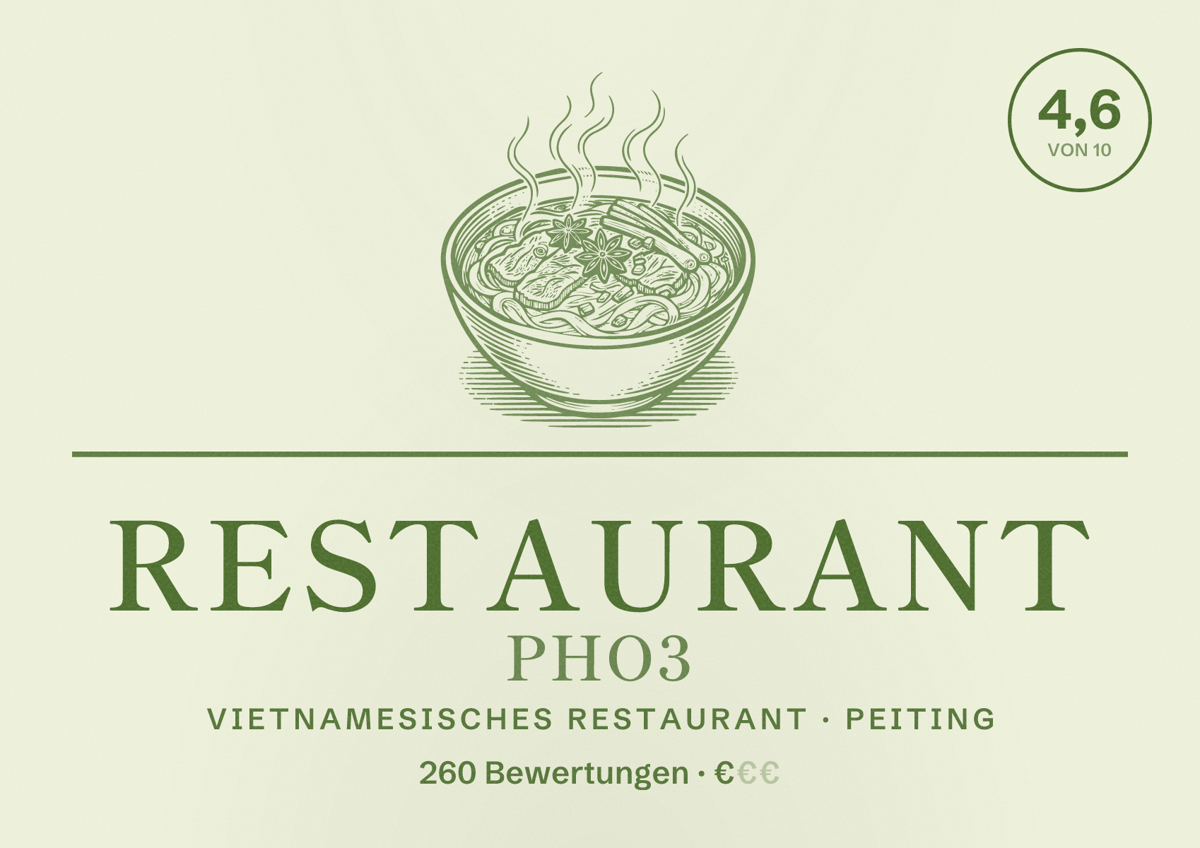 Illustriertes Poster von Restaurant Pho3, Vietnamesisches Restaurant in Peiting: Bewertung 4,6 von 10 aus 260 Bewertungen, Preisniveau €