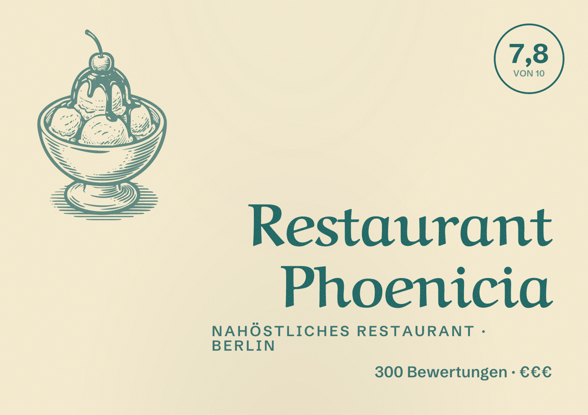 Illustriertes Poster von Restaurant Phoenicia, Nahöstliches Restaurant in Berlin: Bewertung 7,8 von 10 aus 300 Bewertungen, Preisniveau €€€