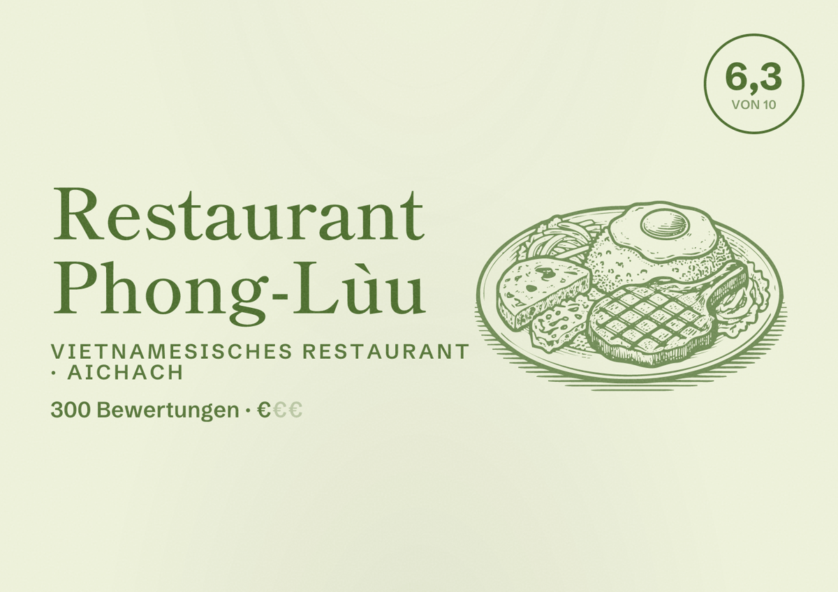 Illustriertes Poster von Restaurant Phong-Lùu, Vietnamesisches Restaurant in Aichach: Bewertung 6,3 von 10 aus 300 Bewertungen, Preisniveau €