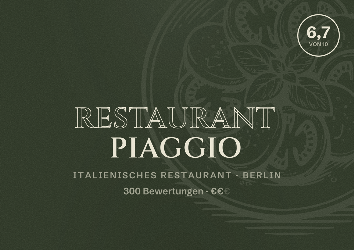 Illustriertes Poster von Restaurant Piaggio, Italienisches Restaurant in Berlin: Bewertung 6,7 von 10 aus 300 Bewertungen, Preisniveau €€