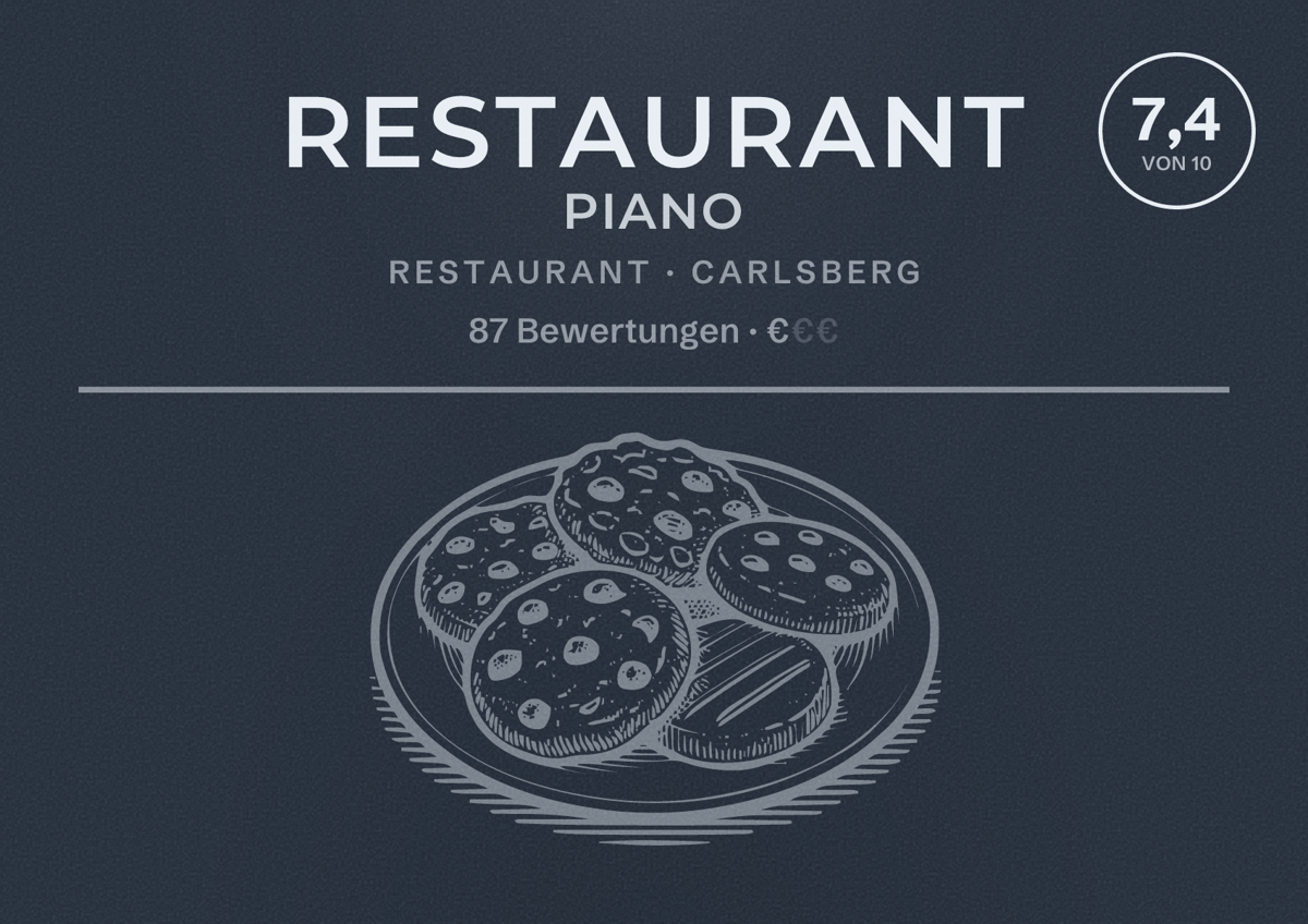 Illustriertes Poster von Restaurant Piano, Restaurant in Carlsberg: Bewertung 7,4 von 10 aus 87 Bewertungen, Preisniveau €