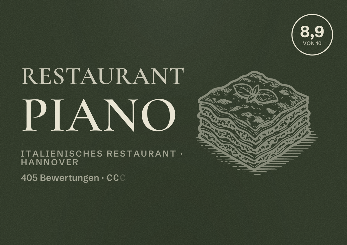 Illustriertes Poster von Restaurant PIANO, Italienisches Restaurant in Hannover: Bewertung 8,9 von 10 aus 405 Bewertungen, Preisniveau €€