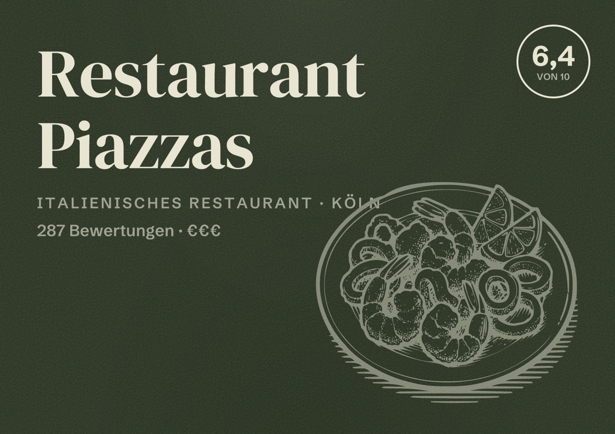 Illustriertes Poster von Restaurant Piazzas, Italienisches Restaurant in Köln: Bewertung 6,4 von 10 aus 287 Bewertungen, Preisniveau €€€