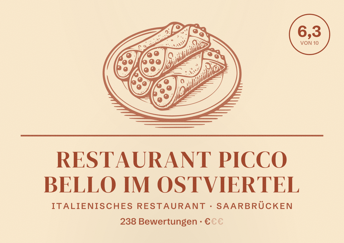 Illustriertes Poster von Restaurant Picco Bello im Ostviertel, Italienisches Restaurant in Saarbrücken: Bewertung 6,3 von 10 aus 238 Bewertungen, Preisniveau €