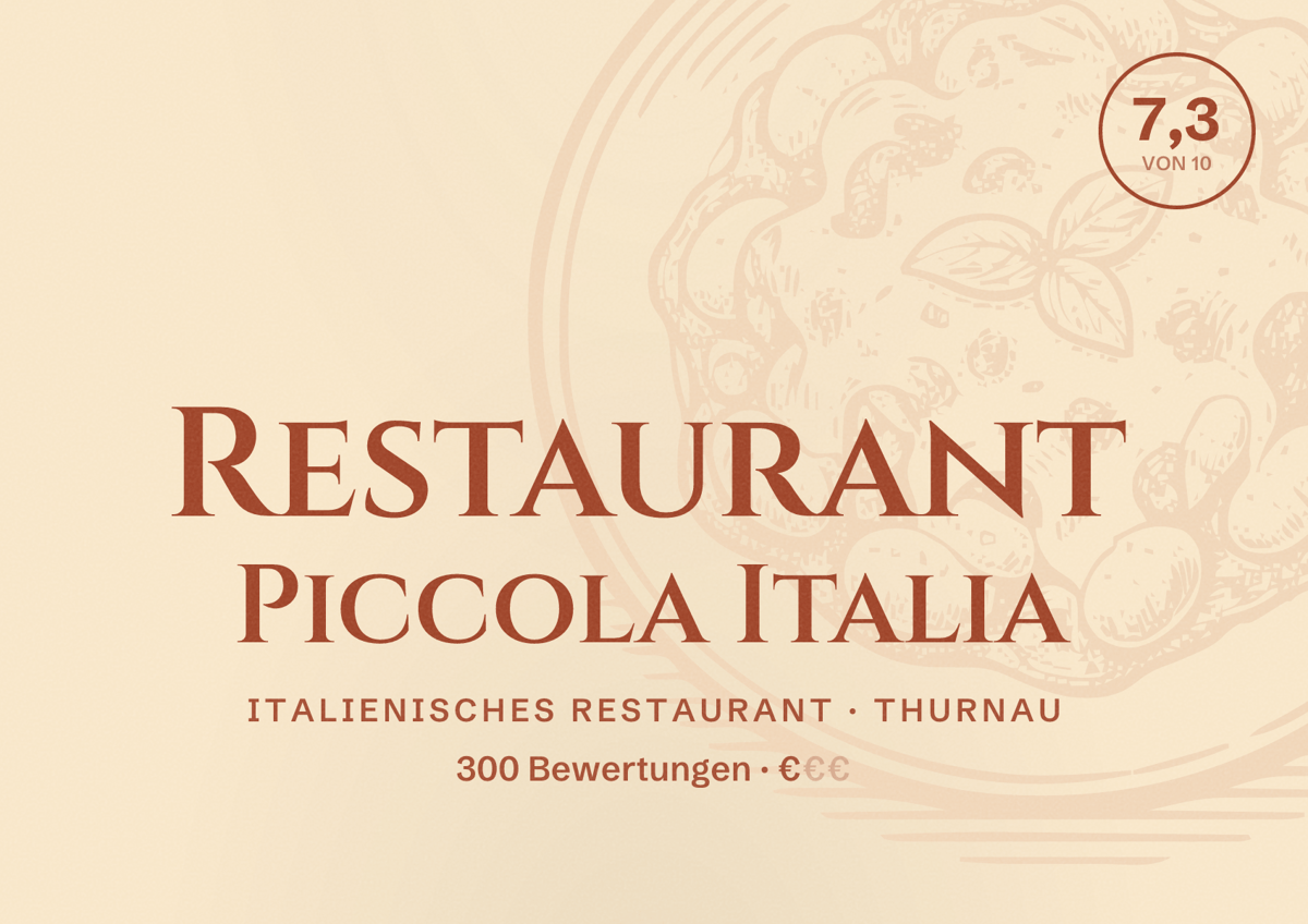 Illustriertes Poster von Restaurant Piccola Italia, Italienisches Restaurant in Thurnau: Bewertung 7,3 von 10 aus 300 Bewertungen, Preisniveau €