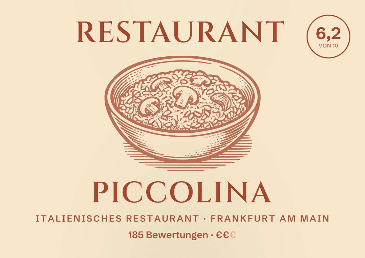 Illustriertes Poster von Restaurant Piccolina, Italienisches Restaurant in Frankfurt am Main: Bewertung 6,2 von 10 aus 185 Bewertungen, Preisniveau €€