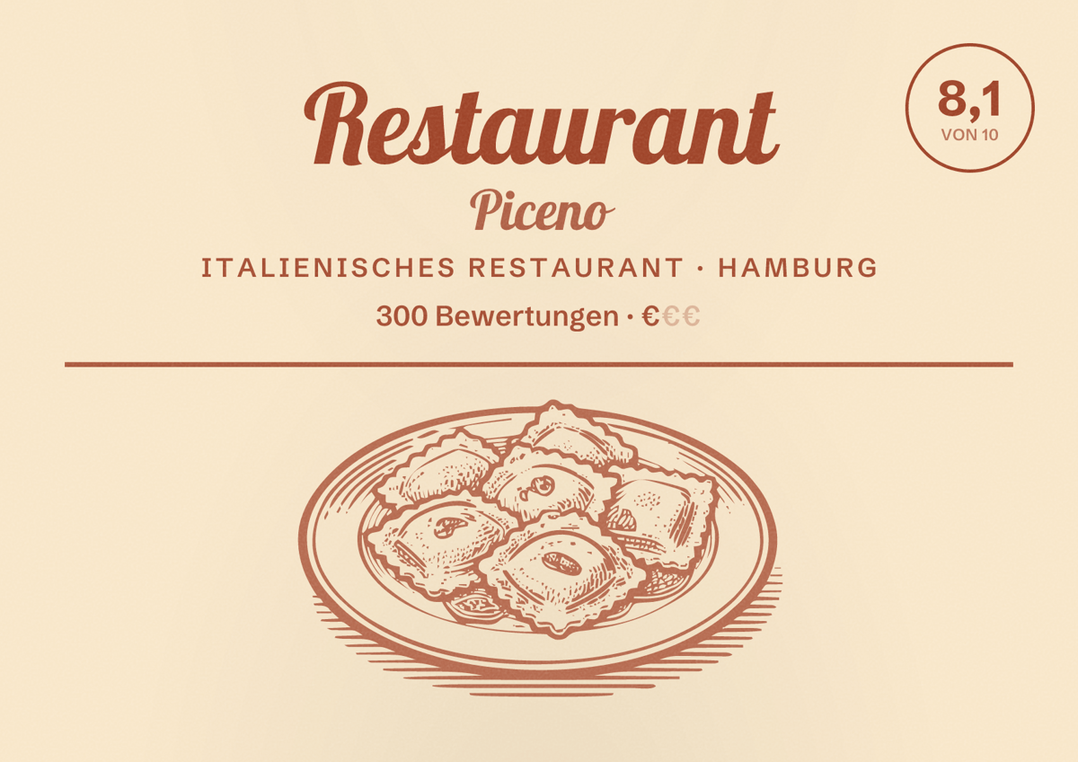 Illustriertes Poster von Restaurant Piceno, Italienisches Restaurant in Hamburg: Bewertung 8,1 von 10 aus 300 Bewertungen, Preisniveau €