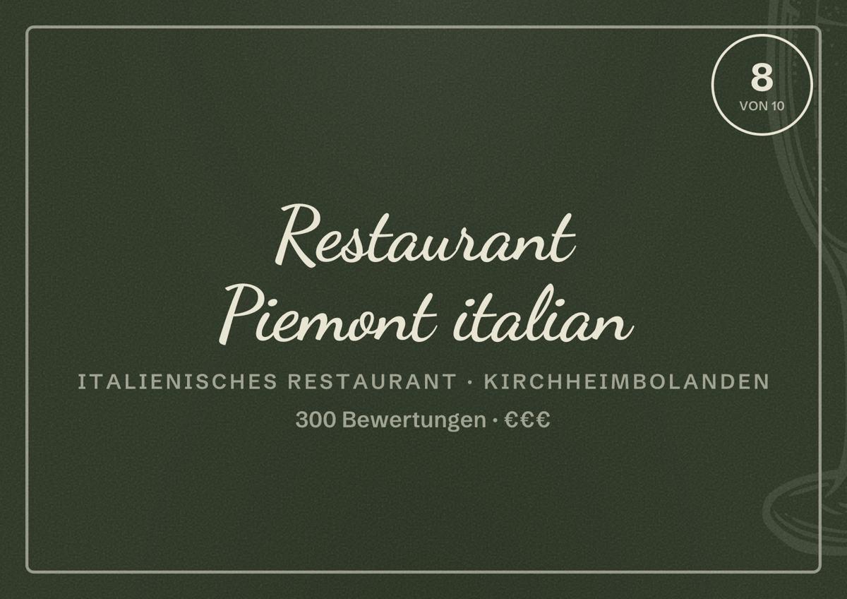 Illustriertes Poster von Restaurant Piemont italian, Italienisches Restaurant in Kirchheimbolanden: Bewertung 8 von 10 aus 300 Bewertungen, Preisniveau €€€