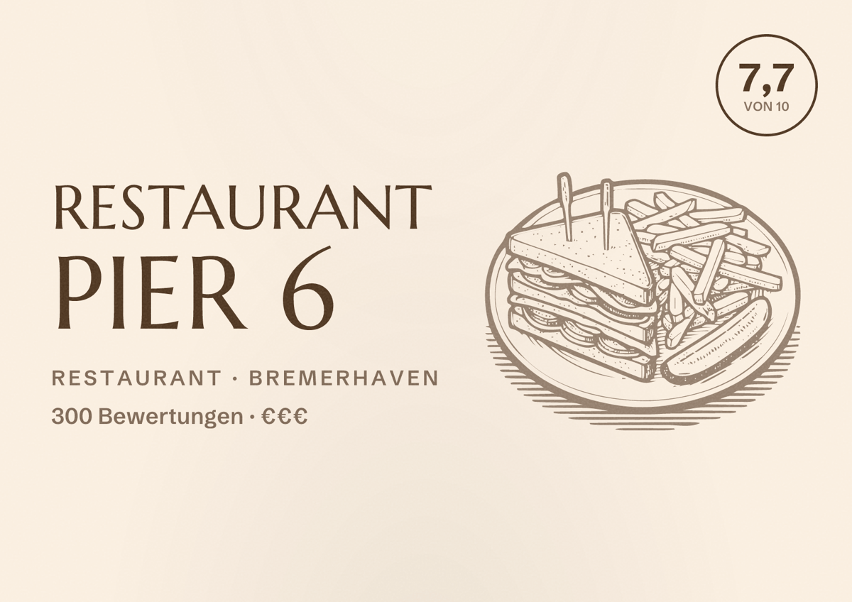 Illustriertes Poster von Restaurant PIER 6, Restaurant in Bremerhaven: Bewertung 7,7 von 10 aus 300 Bewertungen, Preisniveau €€€