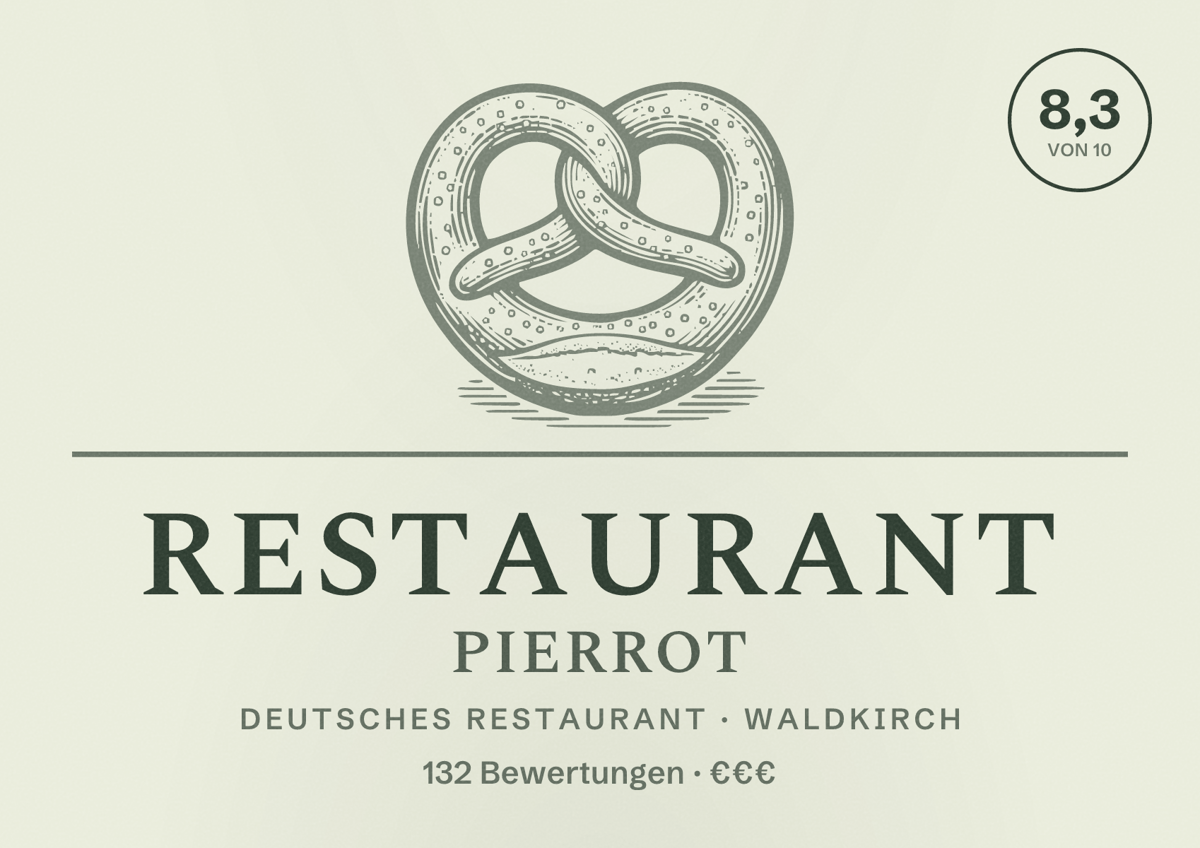 Illustriertes Poster von Restaurant Pierrot, Deutsches Restaurant in Waldkirch: Bewertung 8,3 von 10 aus 132 Bewertungen, Preisniveau €€€