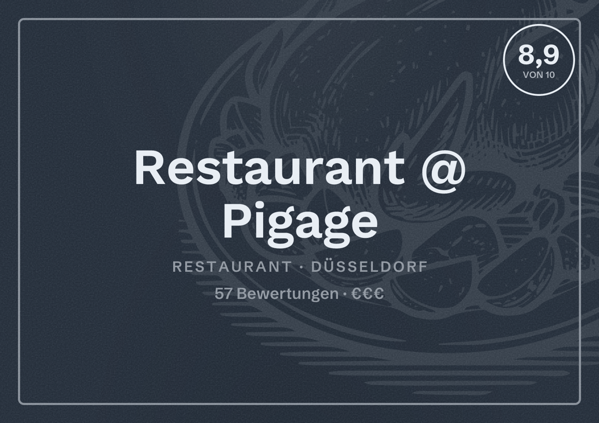 Illustriertes Poster von Restaurant @ Pigage, Restaurant in Düsseldorf: Bewertung 8,9 von 10 aus 57 Bewertungen, Preisniveau €€€