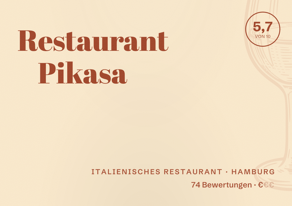 Illustriertes Poster von Restaurant Pikasa, Italienisches Restaurant in Hamburg: Bewertung 5,7 von 10 aus 74 Bewertungen, Preisniveau €