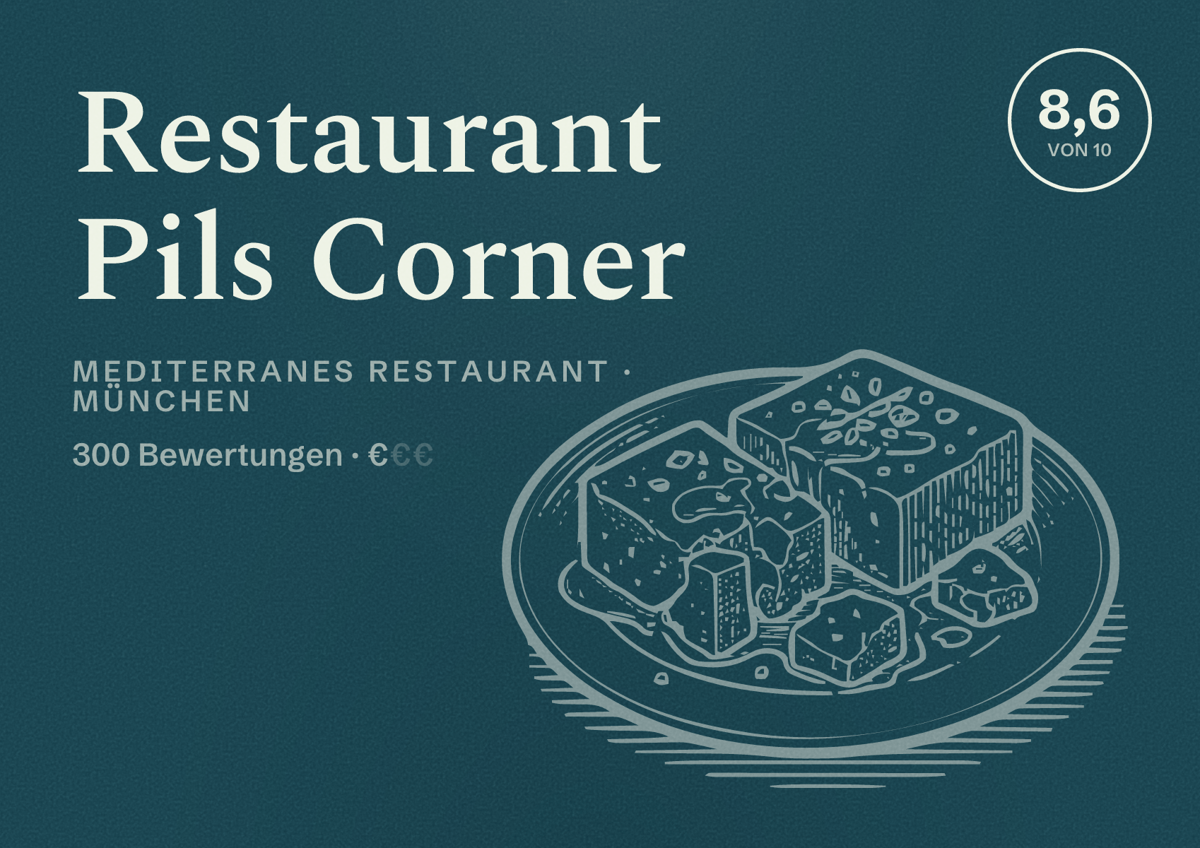 Illustriertes Poster von Restaurant Pils Corner, Mediterranes Restaurant in München: Bewertung 8,6 von 10 aus 300 Bewertungen, Preisniveau €