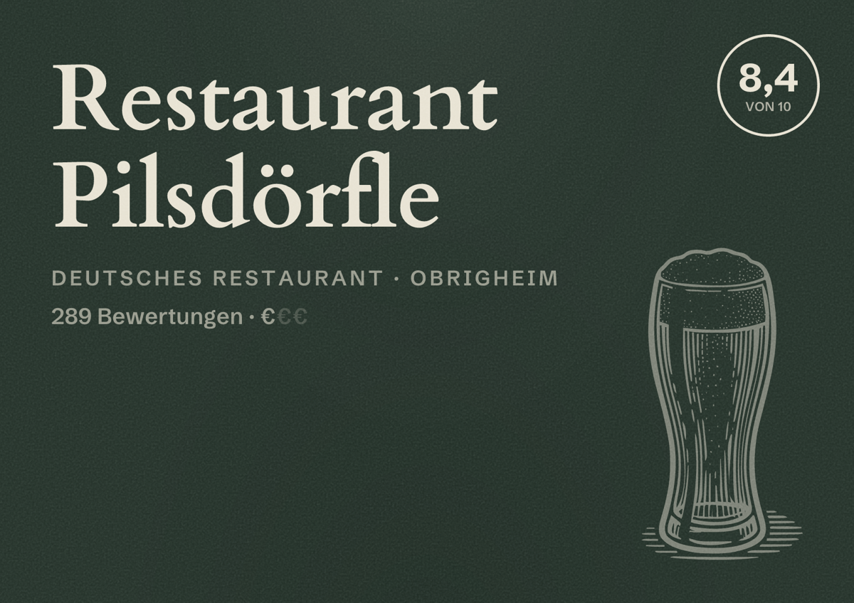 Illustriertes Poster von Restaurant Pilsdörfle, Deutsches Restaurant in Obrigheim: Bewertung 8,4 von 10 aus 289 Bewertungen, Preisniveau €
