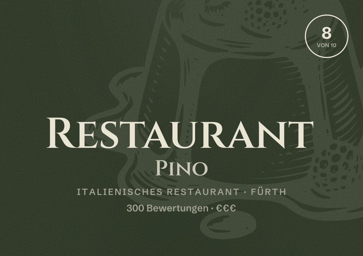 Illustriertes Poster von Restaurant Pino, Italienisches Restaurant in Fürth: Bewertung 8 von 10 aus 300 Bewertungen, Preisniveau €€€