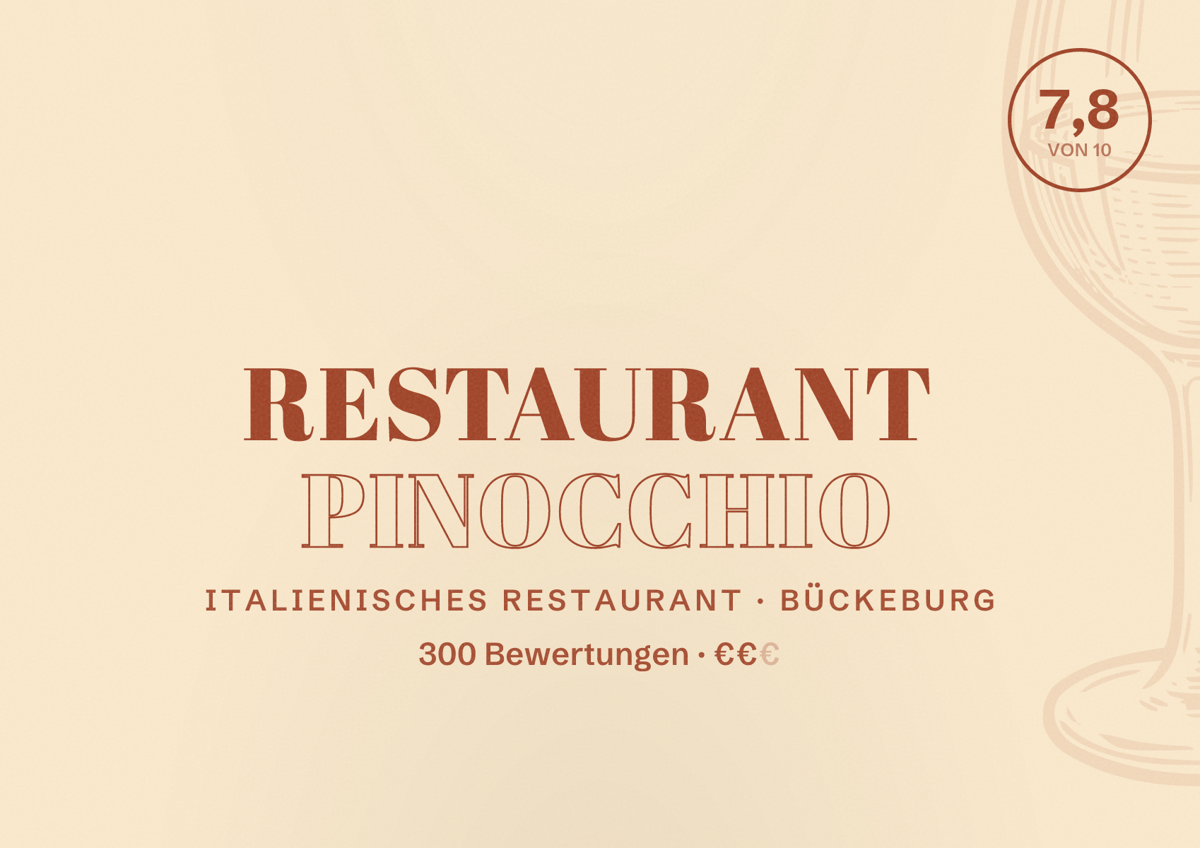 Illustriertes Poster von Restaurant Pinocchio, Italienisches Restaurant in Bückeburg: Bewertung 7,8 von 10 aus 300 Bewertungen, Preisniveau €€
